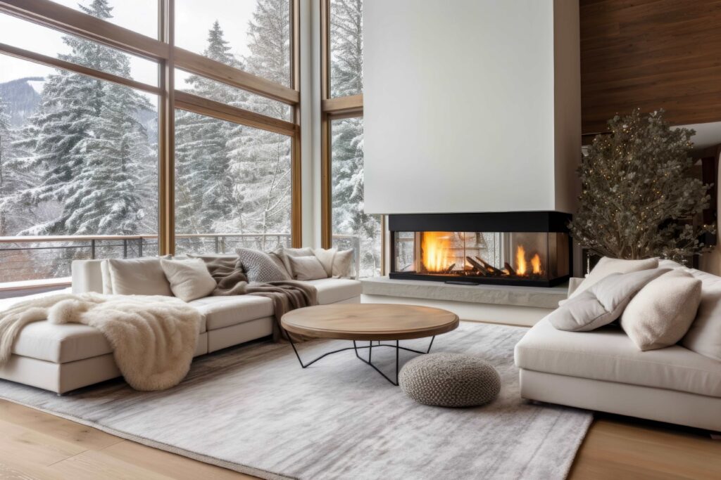 Luxuriöser moderner Kamin im minimalistischen Wohnzimmerhaus im Hintergrund des Winters. Urlaubs- und Ferienfamilienkonzept.