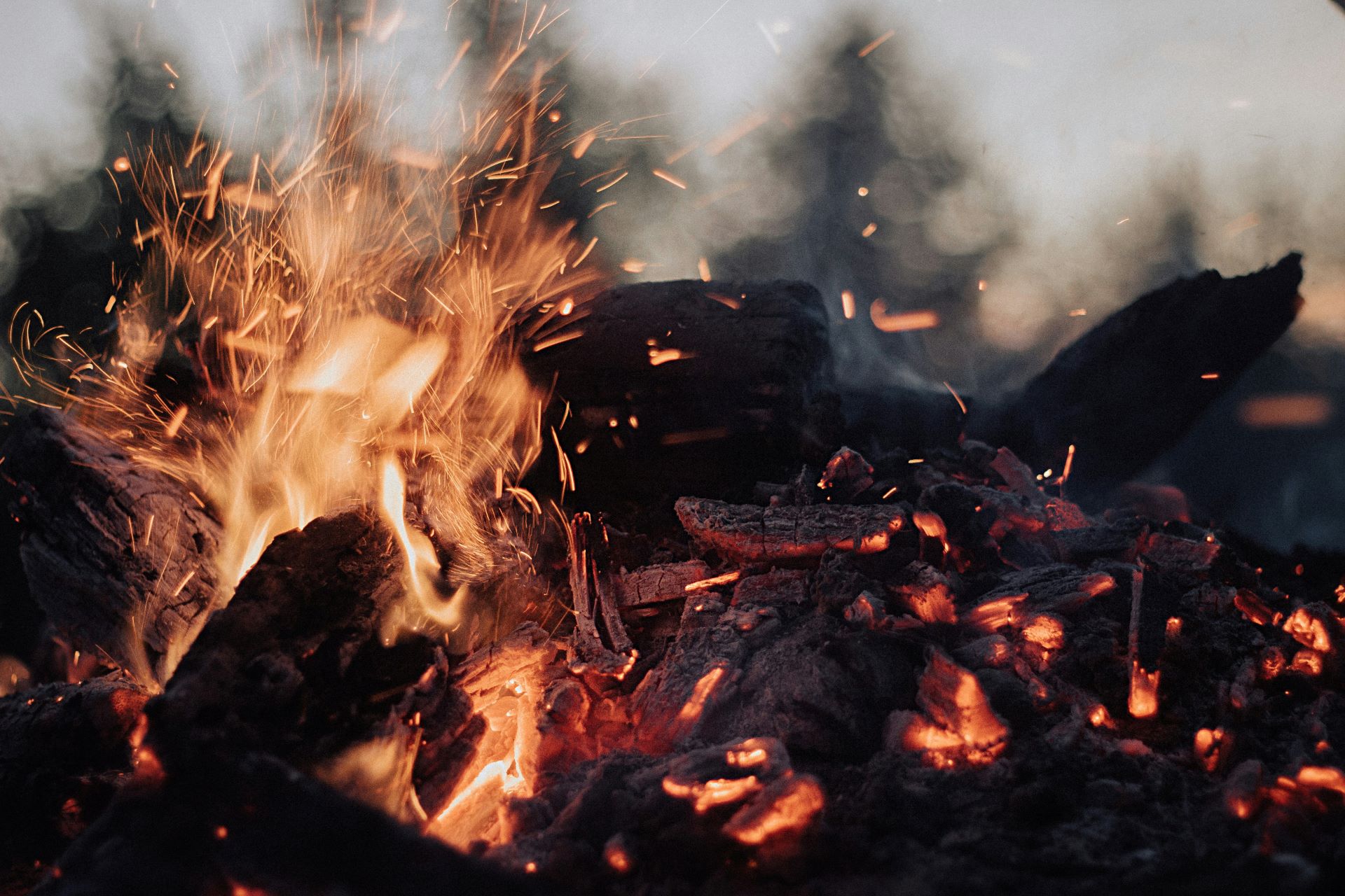 Funkensprühendes Holzfeuer in der Dämmerung – perfekte Atmosphäre für Kochen mit der Feuerplatte