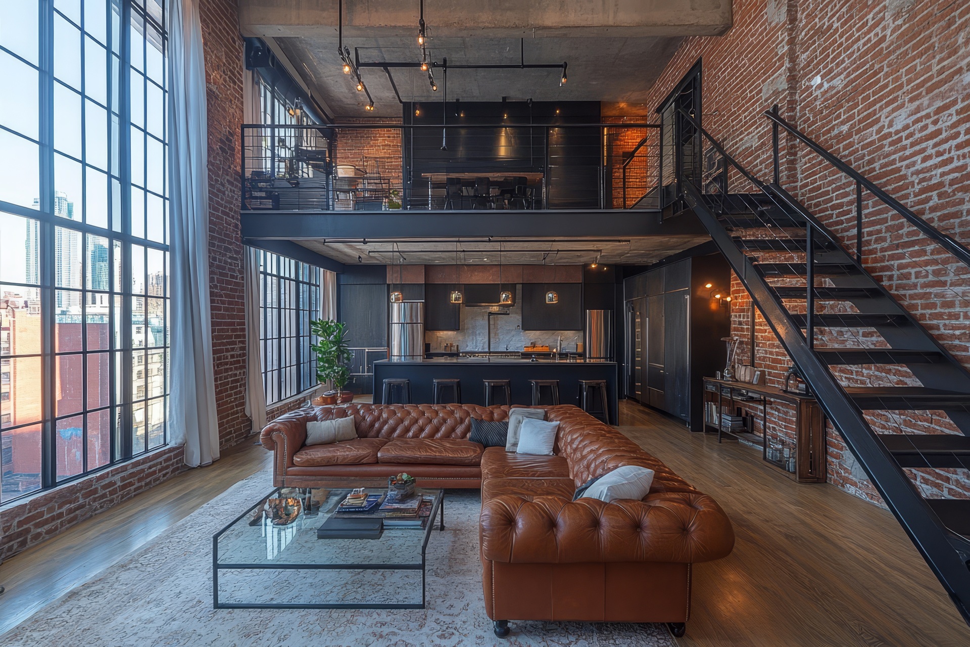 Großes Loft mit Backstein und offenen Bereichen | Raumtrenner